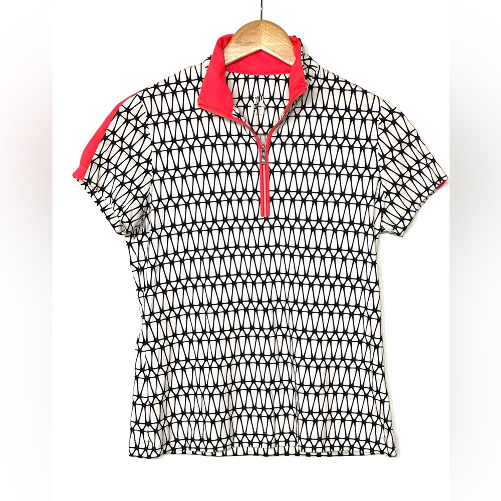 Geometric Black and White Women's Top with Neon Pink Accents